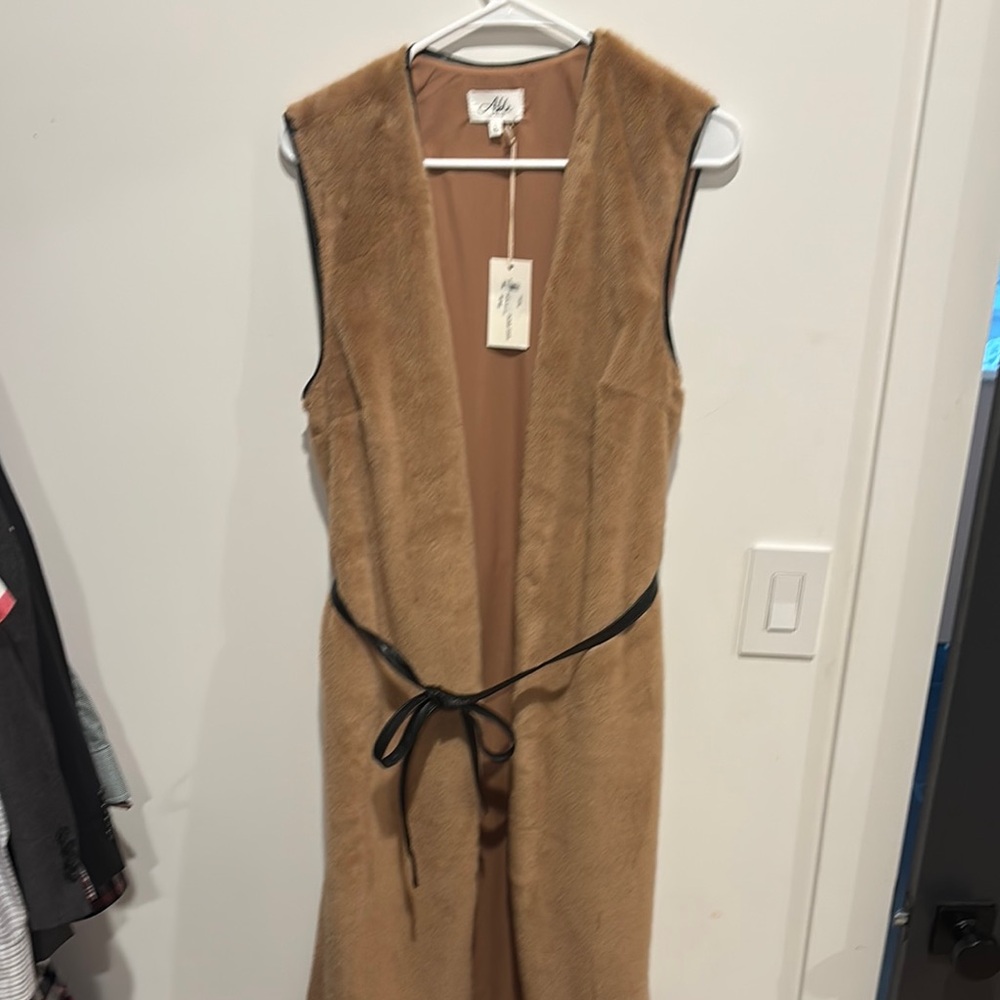 Tan Sleeveless “fur” Vest with Black Trim